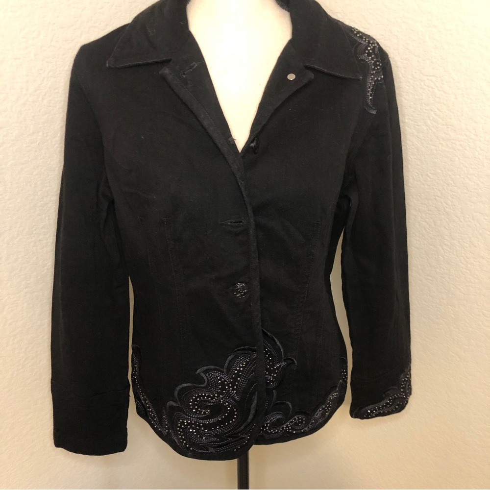 Chico’s Western Bling Embroidered Black Jean Jacket Size 1